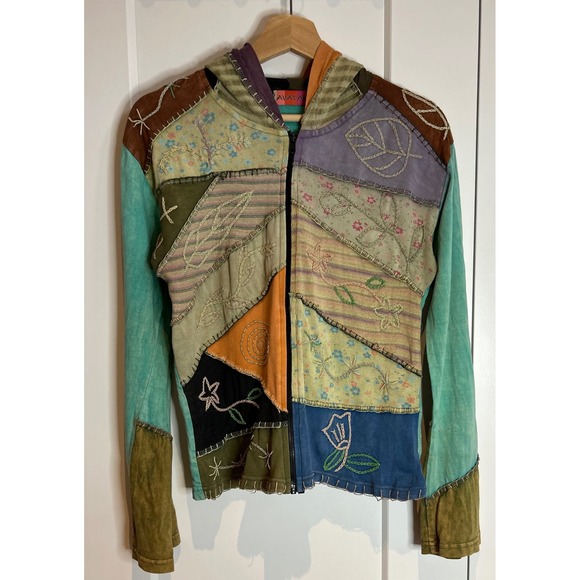 Avatar Tops - Avatar Boho Patchwork Embroidered Full Zip Hoodie Jacket Womens Size L Nepal